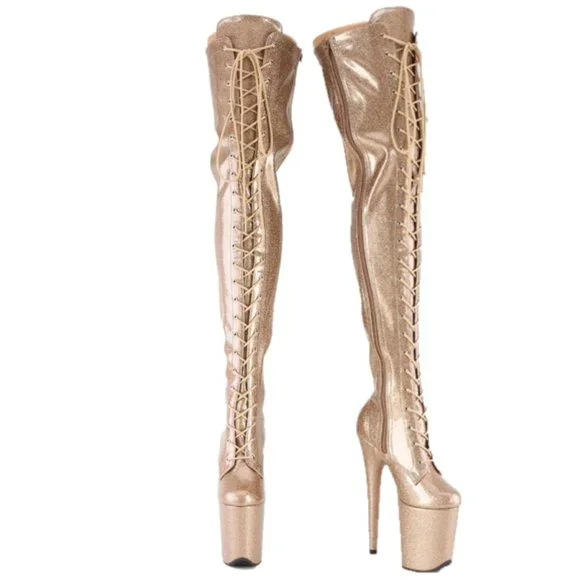 Gold Glitter Patent 3020 Lace Up Thigh High Platform Boots Flamingo 8" Heels - Picture 7 of 10